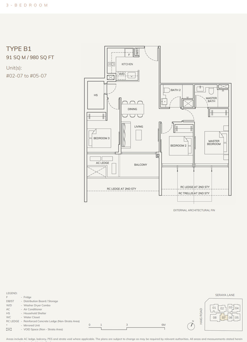 3 Bedrooms: 980 sqft (91 sqm) Stack 07, Type B1