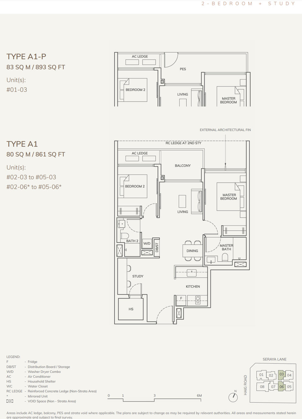 2 Bedrooms + Study: 861-893 sqft (80-83 sqm) Stack 03 &amp; 06, Type A1-P / A1